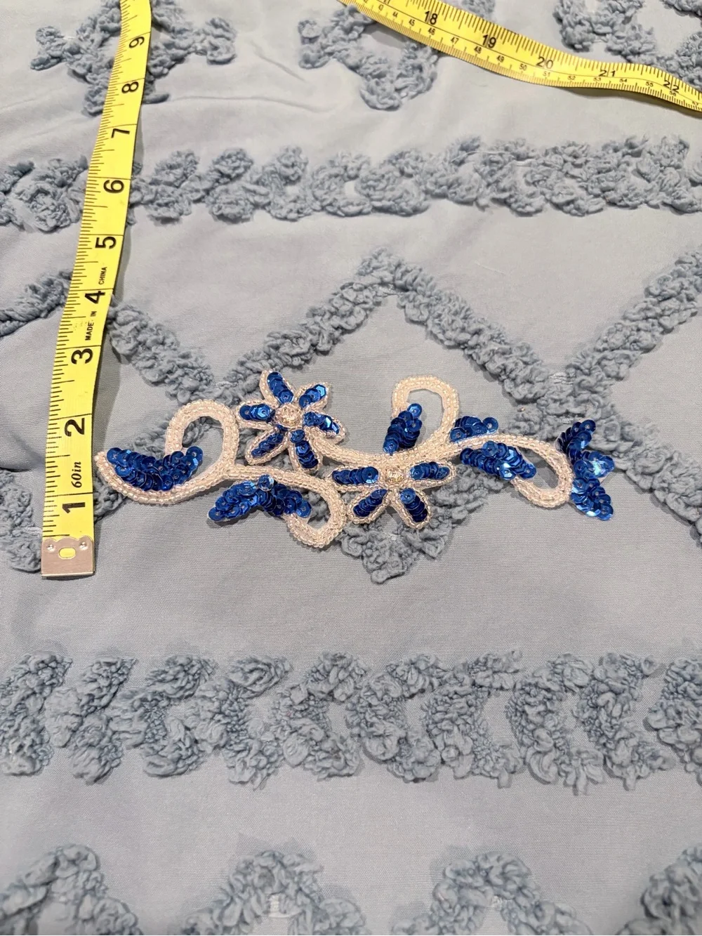 Blue & White Sequin Floral Beaded Lace Appliqué Trim | 6” Embellishment